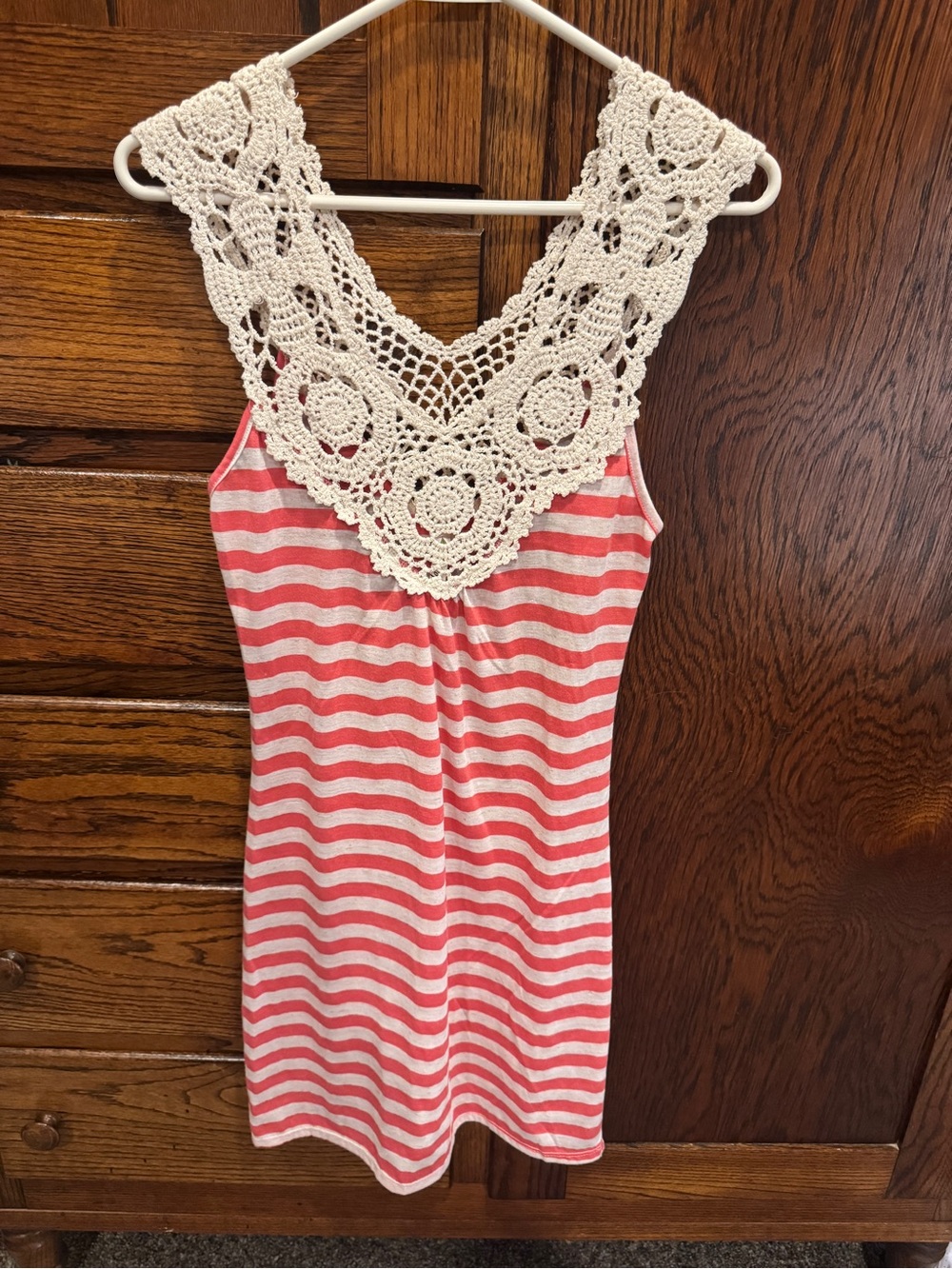 Espresso Pink and White Striped Mini Dress with Crochet Lace Yoke